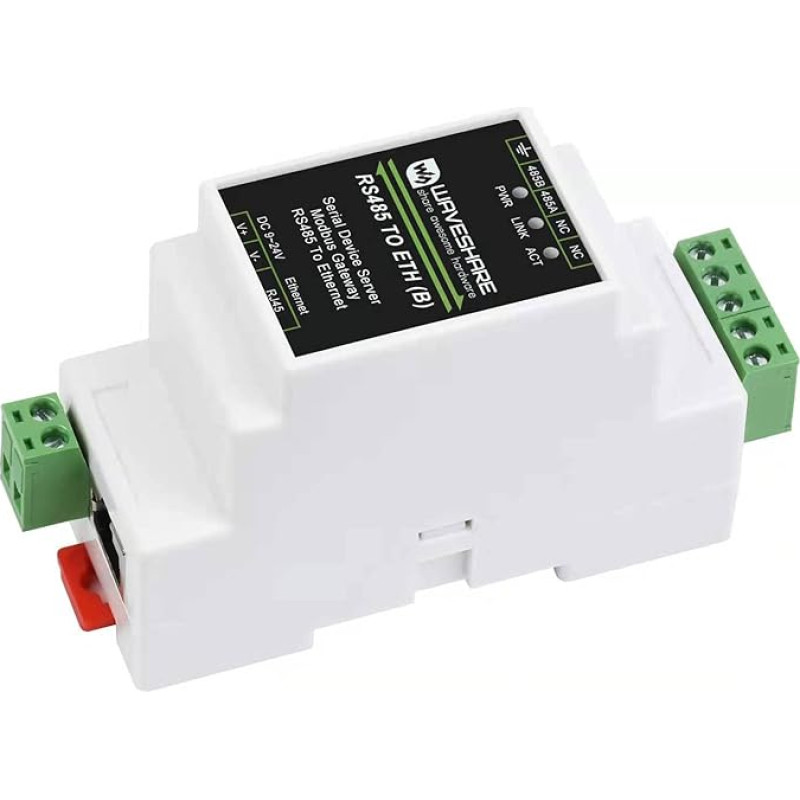 Waveshare RS485 to RJ45 Ethernet Converter Module, Industrial Rail-Mount RS485 Serial Server, TCP/IP to Serial Module, 300~115200 BPS Baud Rate, 10/100M Auto-Negotiation RJ45 Connector