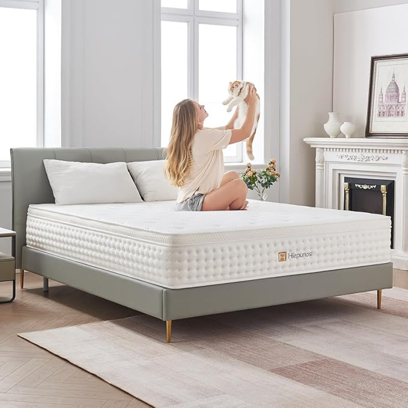 Hiepunos Mattress 90 x 200 cm, 26 cm Height, 7-Zone Spring Mattress, Orthopaedic Pocket Spring Mattress with Comfort Memory Foam Layer, Hardness H3, Back-Reliefing, 100 Nights Trial Sleep
