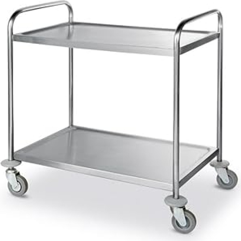 HENDI Servierwagen, für Geschirr, Küchenwagen, mit 4 Lenkrollen-2 davon gebremst, 2 Regalböden, Max. Traglast pro Boden 50kg, 905x585x(H)945mm, Blech 830x510mm, Edelstahl