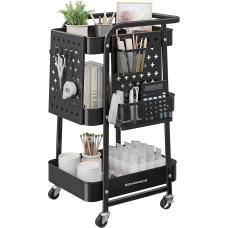 SONGMICS Kitchen Trolley 3 Metal Mesh Shelves Serving Trolley 2 Removable Perforated Plates 2 Hanging Baskets 4 Hooks for Office Kitchen Living Room Bathroom Ink Black LRC037B01