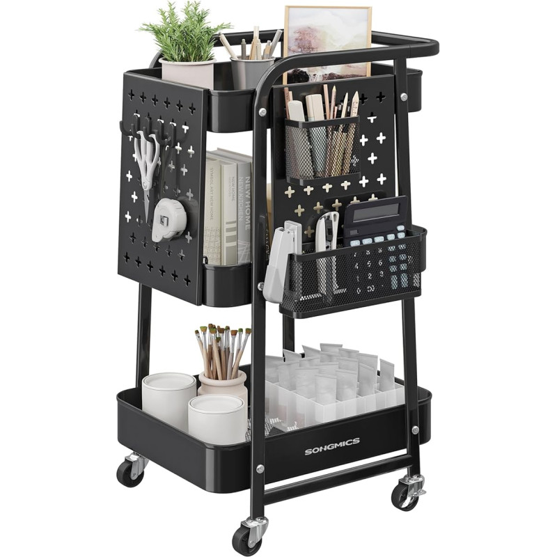 SONGMICS Kitchen Trolley 3 Metal Mesh Shelves Serving Trolley 2 Removable Perforated Plates 2 Hanging Baskets 4 Hooks for Office Kitchen Living Room Bathroom Ink Black LRC037B01