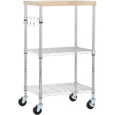 Amazon Basics 3-Level Serving Trolley with Removable Wooden Top and Height-Adjustable and 2 Chrome-Plated Shelves with a Total Load Capacity of 79.5 kg, 53 x 38 x 92 cm, Wood/Chrome