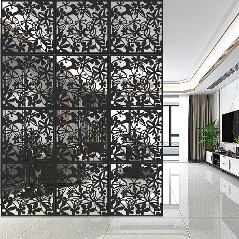 aleawol Pack of 12 Hanging Room Dividers, Black, 40 x 40 cm, DIY Room Divider Screen, Paravent Room Divider, Hanging Panel Room Divider, Hanging for Interior Decoration, Living Room, Dining Room