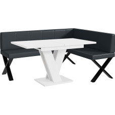 MEBLINI Corner Bench for Dining Room with Extendable Table - Kitchen Bench - Dining Corner - Kitchen Sitting Area - Peter - X-Legs 128 x 168 x 87 cm Right - Dark Grey Faux Leather /M White Matt