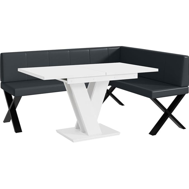 MEBLINI Corner Bench for Dining Room with Extendable Table - Kitchen Bench - Dining Corner - Kitchen Sitting Area - Peter - X-Legs 128 x 168 x 87 cm Right - Dark Grey Faux Leather /M White Matt