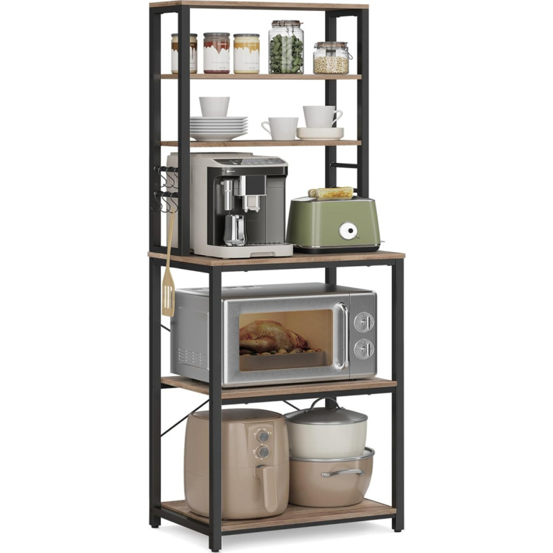 VASAGLE Coffee Bar, Baker's Rack for Kitchen with Storage, 6-Tier Kitchen Shelves with 6 Hooks, Microwave Stand, Industrial, 15.7 x 23.6 x 65.7 Inches, Greige and Black UKKS024B02
