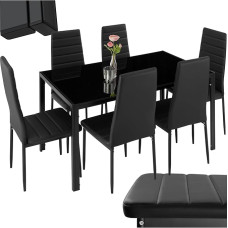tectake® Kitchen Table with Chairs, Dining Table and Set of 6 Dining Room Chairs, Modern Kitchen Chairs, Kitchen Furniture, High Gloss Glass Table, Dining Chairs for Kitchen Counter - Black/Black