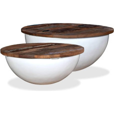 2-Piece Coffee Table Set, Reclaimed Wood, Solid White, Bowl Shape, Living Room Table, Coffee Table