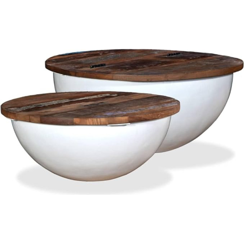 2-Piece Coffee Table Set, Reclaimed Wood, Solid White, Bowl Shape, Living Room Table, Coffee Table