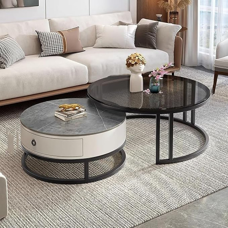 Round Coffee Table with Metal Frame, Gold, Set of 2, Nesting Tables with Clear Glass Top for Living Room, Bedroom, Office - (70 x 45)+(50 x 40) cm, Modern Design