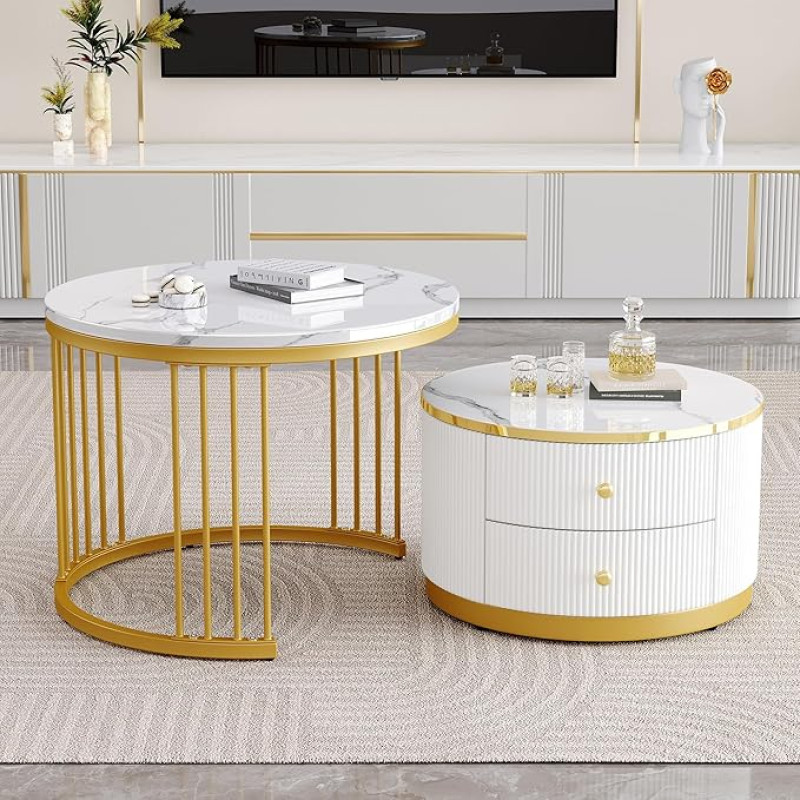 Montary Round Coffee Table Set of 2, 60 x 60 x 45.5 cm and 50 x 50 x 32 cm, with 2 Drawers and High-Gloss Marble Look, Maximum Load 30 kg, Nesting Combination