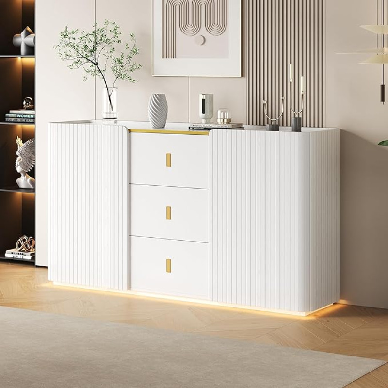 Laxnb Sideboard Chest of Drawers White with LED Light, 150 x 35 x 80 cm, Kitchen Cabinet Storage Space, 2 Doors and 3 Drawers, Side Cabinet, Multi-Purpose Cabinet, Sideboard, Living Room Furniture