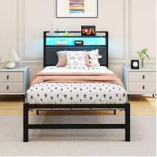 ARFARLY Bed 90 x 200 cm with Metal Slatted Frame 90 x 200 cm with LED Lighting, Bed Frame 90 x 200 cm Bed with Headboard and Charging Station (2 AC Sockets and 1 USB Ports)