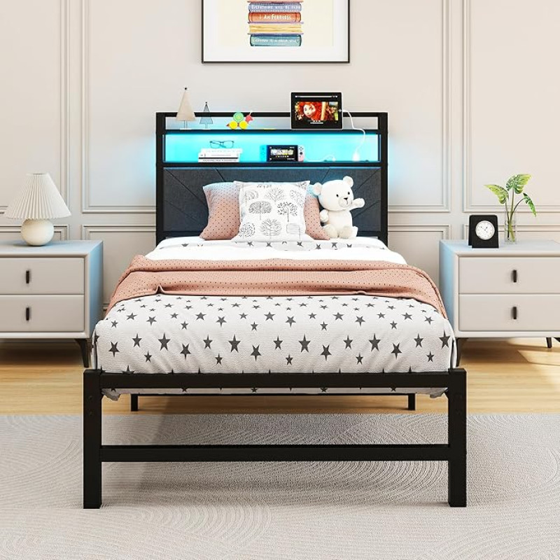 ARFARLY Bed 90 x 200 cm with Metal Slatted Frame 90 x 200 cm with LED Lighting, Bed Frame 90 x 200 cm Bed with Headboard and Charging Station (2 AC Sockets and 1 USB Ports)