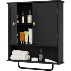 Bathroom Cabinet, Wall Cabinet with Towel Rail, 56 x 13 x 65 cm, Storage Cabinet Over the Toilet with 2 Doors and Adjustable Shelf, White Wall Cabinet for Bathroom, Laundry Room (Black)
