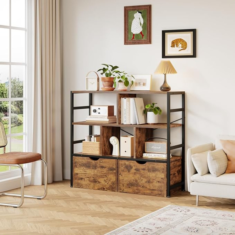 Dripex Bookcase with 2 Drawers, Bookcase with 7 Compartments Made of Wood and Metal Frame, Standing Shelf, Cube Shelf for Bedroom, Living Room, Study, Office, 33 x 100 x 90 cm, Industrial Design