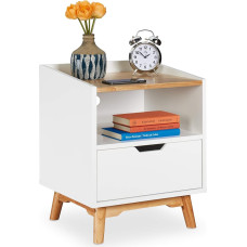 Relaxdays Nightstand with Wooden Legs, Scandinavian Design, Drawer, Open Compartment, Bedside Table 50 x 43 x 40 cm, White