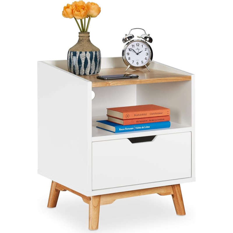 Relaxdays Nightstand with Wooden Legs, Scandinavian Design, Drawer, Open Compartment, Bedside Table 50 x 43 x 40 cm, White