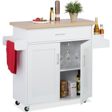 Relaxdays Kitchen Trolley, Worktop, Drawer, 2 Compartments, Spice & Towel Rail, H x W x D: 90 x 114.5 x 39.5 cm, White/Natural