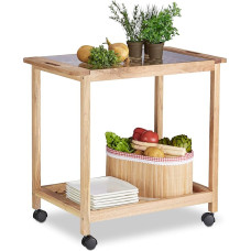 Relaxdays Kitchen Cart with Wheels, Wooden Serving Trolley with Glass Top, 2 Tiers, HxWxD: 62 x 66 x 38 cm, Natural