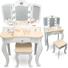 mamabrum XXL Wooden Dressing Table for Children with Stool - LED Lighting, 3-Piece Mirror, Drawer and Accessories - Dressing Table for Girls from 3 Years for Playing and Styling