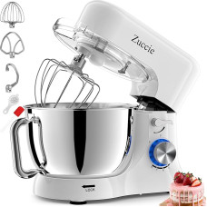 Zuccie Food Processor, Quiet Mixing Machine Including 5L Stainless Steel Bowl, 3 Mixing Tools, Splash Guard, Dough Scraper and Egg Separator, 8+P Speed Dough Machine (White)
