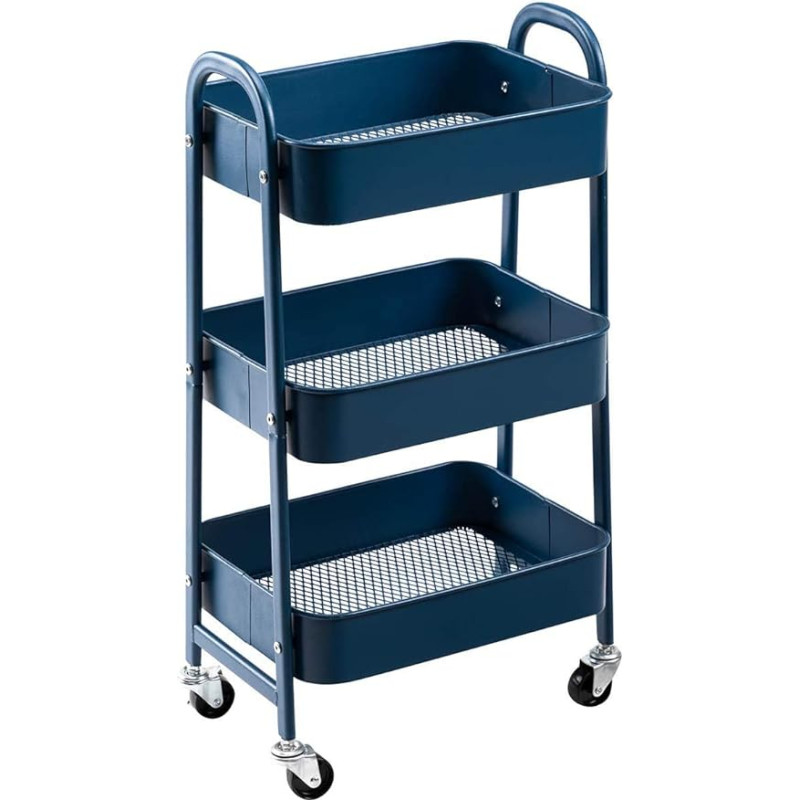 DOEWORKS Rolling Cart Metal Storage Trolley Kitchen Trolley 3 Tier Serving Trolley Organiser Trolley with Wheels for Living Room Bedroom Makeup Bathroom Office Dark Blue