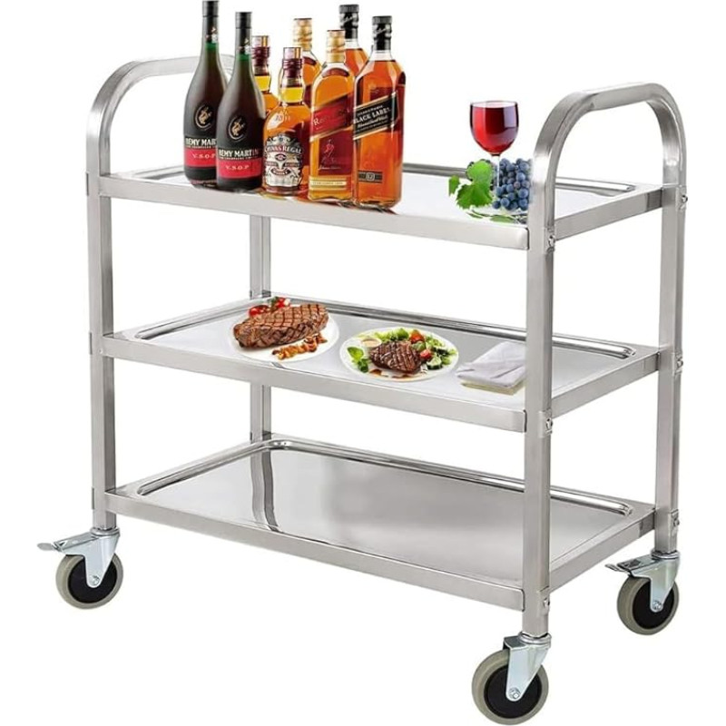 OYE Stainless Steel Serving Trolley with 3 Shelves, Partition Kitchen Trolley, 3 Levels Serving Trolley Kitchen Trolley with Wheels, Multi-Purpose Trolley, Kitchen Trolley on Wheels, 75 x 40 x 83 cm