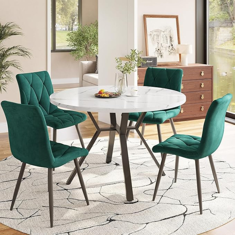 Gxffipw Round Dining Table with 4 Chairs Set for 4 People, Round Dining Table 100 x 100 x 75 cm with Black Metal Legs and 4 Green Velvet Dining Room Chairs, Dining Room Furniture, Kitchen Furniture