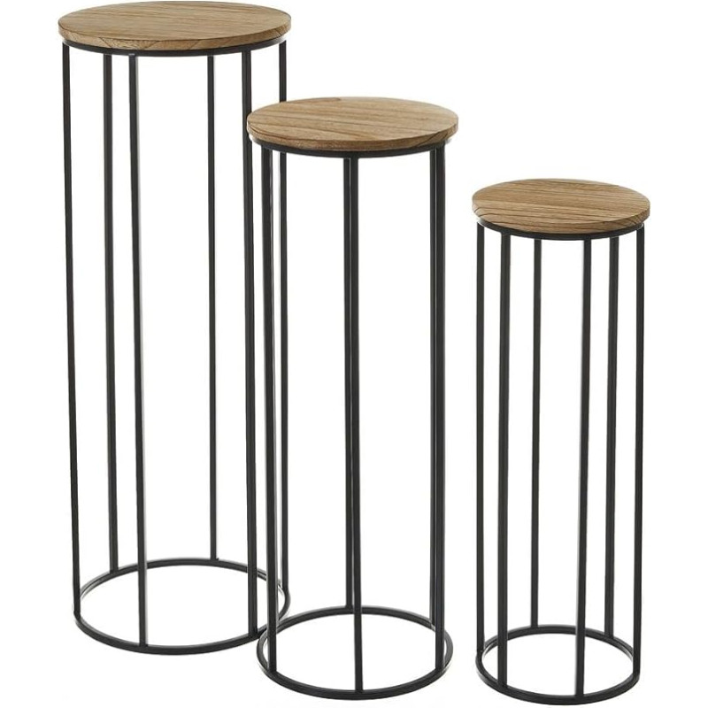 Set mit 3 Beistelltischen aus Holz und Metall in Natur und Schwarz