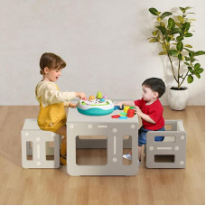 hoopyosms Children's Montessori Table and 2 Chairs Set, Children's Plastic Activity Table with Stools, Table and Chairs for Preschool Children, Toddler Educational Furniture for Playroom, Grey