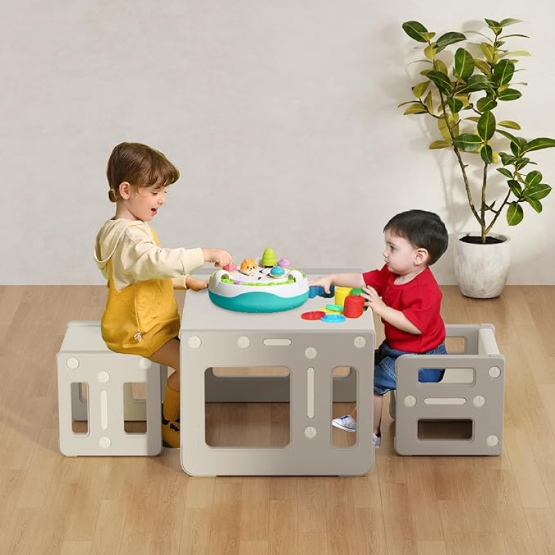 hoopyosms Children's Montessori Table and 2 Chairs Set, Children's Plastic Activity Table with Stools, Table and Chairs for Preschool Children, Toddler Educational Furniture for Playroom, Grey