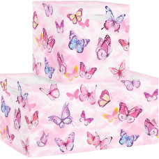 Clastyle Pack of 3 Butterfly Children's Fabric Storage Boxes for Kallax Foldable Storage Basket Small Girls Cupboard Organiser Wardrobe for Shelf, Pink, 30 x 30 x 30 cm