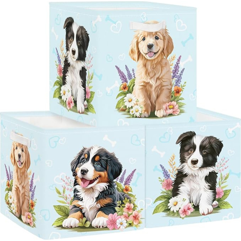 Clastyle Pack of 3 Children's Fabric Storage Boxes for Kallax Foldable Storage Basket Small Boys Girls Cupboard Organiser Wardrobe for Shelf Dog 30 x 30 x 30 cm