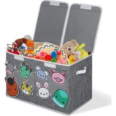 GARPROVM Toy Box with Lid and Pack of 12 Animal Sign Felt Stickers, 90 L Storage Box with Lid, Children, Linen Foldable Storage Box, Organiser Box with Split Lid, 62 x 34 x 40 cm