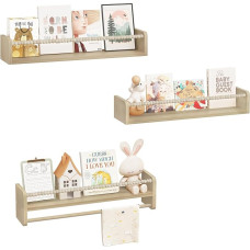 WOLTU Set of 3 Children's Bookcases, 60 cm Wall Shelves, Children's Room, Solid Wood, Hanging Shelf, Floating Shelf, Children's Shelf, Montessori Shelf, for Books, Toys, Natural Wood Colour
