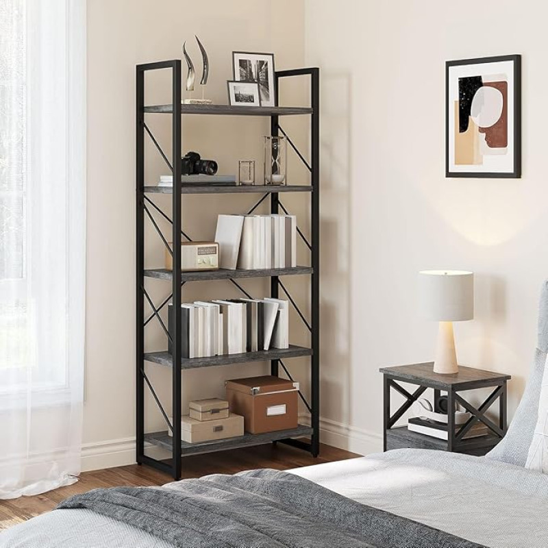 YITAHOME 5 Tier Bookcase, Industrial Ornate Grey Bookcase, Bookcase, Bookcase, Storage Shelf, Book Holder, Organizer for Books, Movies in Living Room, Home Office