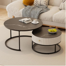 Nesting Round Coffee Tables with Storage Drawers - Set of 2 Multifunctional Low Side Tables for Small Living Rooms Apartments and Rental Spaces - Stylish Small Coffee Table for Home Decor