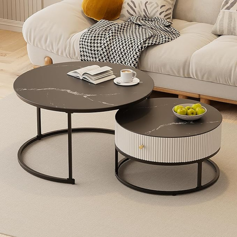Nesting Round Coffee Tables with Storage Drawers - Set of 2 Multifunctional Low Side Tables for Small Living Rooms Apartments and Rental Spaces - Stylish Small Coffee Table for Home Decor