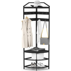 VEDECASA Coat Stand Metal Corner Coat Rack Hallway Tree Freestanding Clothes Rack with 12 Movable Hooks and Storage Shelf for Hallway Living Room Bedroom Office Hallway Entrance Black