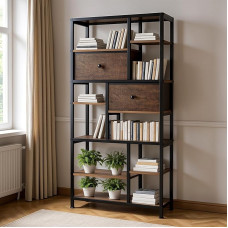 Rebonique Bookcase, 7 Levels Standing Shelf with 2 Adjustable Drawers, High Industrial Bookcase, Bookcase, Storage Shelf for Office, Living Room, Bedroom, 73 x 30 x 151 cm (Vintage Brown)