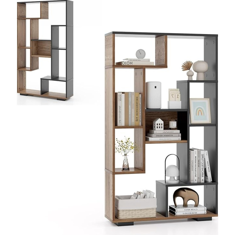 HOMASIS Bookcase with 9 Compartments, Cube Shelf with Open Shelves, Standing Shelf, Wood Geometric, Storage Shelf with Tilt Protection, Room Divider for Living Room, Study, 70 x 20 x 120 cm (Black +