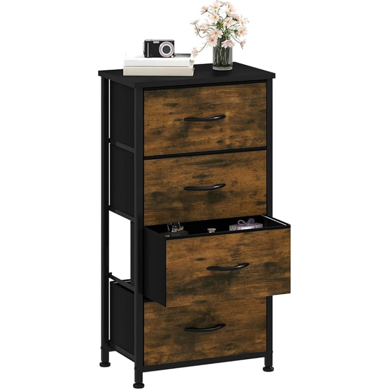 DWVO Chest of Drawers with 4 Drawers, Fabric Cabinet with Handles, Metal Frame & MDF Wooden Top, Durable, for Bedroom & Living Room, Rustic Brown