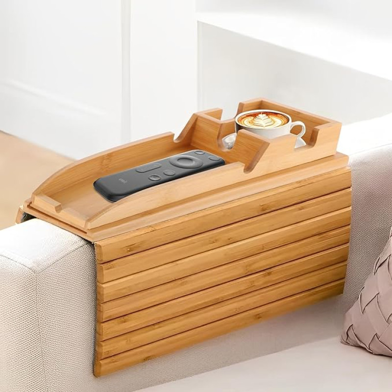 SHUESS Flexible Bamboo Sofa Tray for Armrest, Tray for Sofa, Non-Slip Couch Tray, Foldable Sofa Armrest Shelf for Snacks, Remote Control, Mobile Phone, Drinks Cup