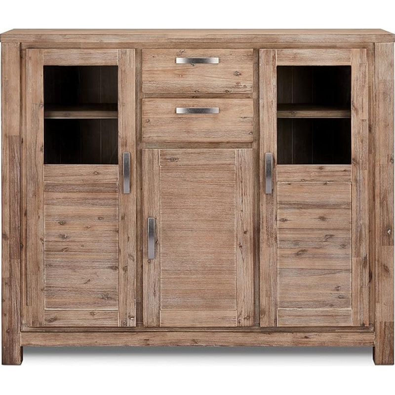Ibbe Design Highboard Vitine Brown Varnished Solid Acacia Wood Display Cabinet Alaska with Glass Door and 2 Drawers L 160 x W 45 x H 140 cm