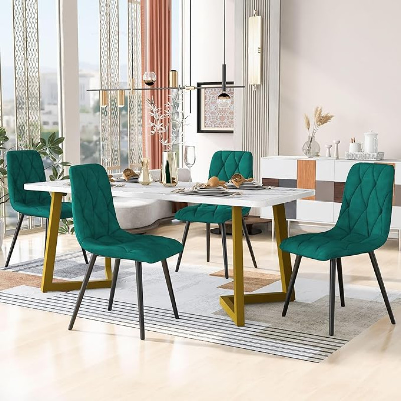 YCYDHDM Dining Table with 4 Chairs Set, Dining Set with Velvet Dining Chair, Kitchen Table Set for 4 People, Dining Table Set for Kitchen, Dining Room and Living Room, MDF Table Top, Green Chairs