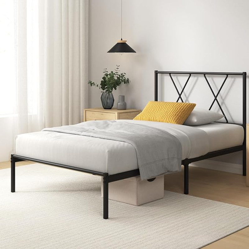 Zinus Elias Bed 90 x 200 cm - 30 cm High - Metal Bed Frame with Headboard - Metal Bed with Slatted Frame - No Box Spring Bed Required - Under Bed Space - Black