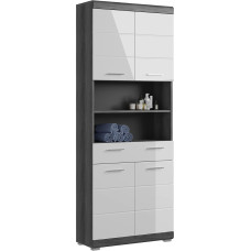 xonox.home Bathroom Scout X06B2713 Tall Cupboard Wide Bathroom Cabinet in Front White High Gloss Body Smoke Silver Approx. 74 x 191 x 31 cm
