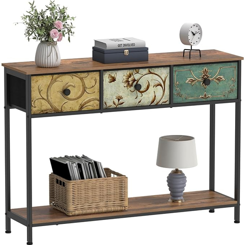VEDECASA Console Table Side Table with 3 Fabric Drawers Hallway Table with Open Storage Compartments Entrance Table Sofa Table for Hallway Living Room Bedroom Wood Metal Frame Easy Assembly Vintage