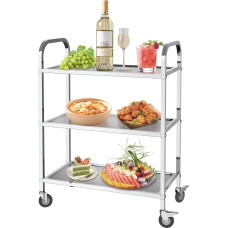 MOOTACO Serving Trolley Kitchen Trolley Stainless Steel Trolley Tea Trolley Transport Storage Trolley Gastro Serving Aid 3 Shelves 4 Wheels (625 x 315 x H 800 mm)